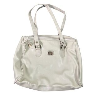 Vintage Style Cream Tote Bag Shoulder Handbag Zipper Closure Gold Tone Emblem